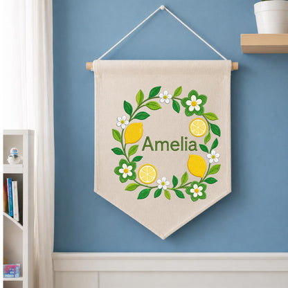 Personalized Citrus Lemon Canvas Pennant Banner Decor, Custom Embroidered Floral Fruit Name Sign, Housewarming Gift, Baby Shower Decor