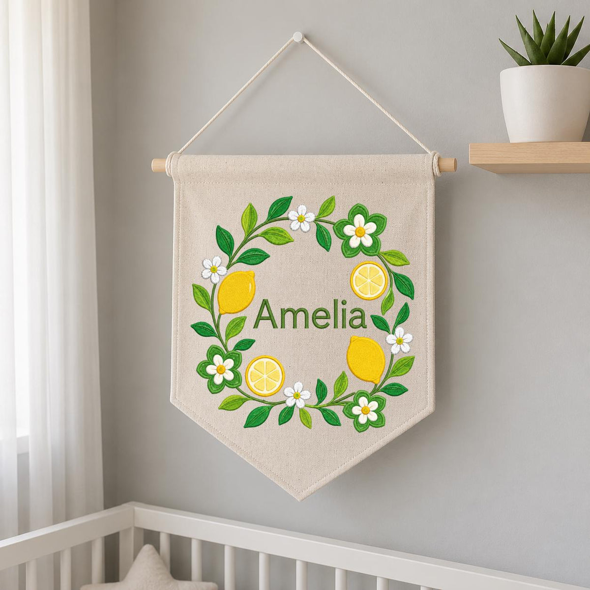 Personalized Citrus Lemon Canvas Pennant Banner Decor, Custom Embroidered Floral Fruit Name Sign, Housewarming Gift, Baby Shower Decor