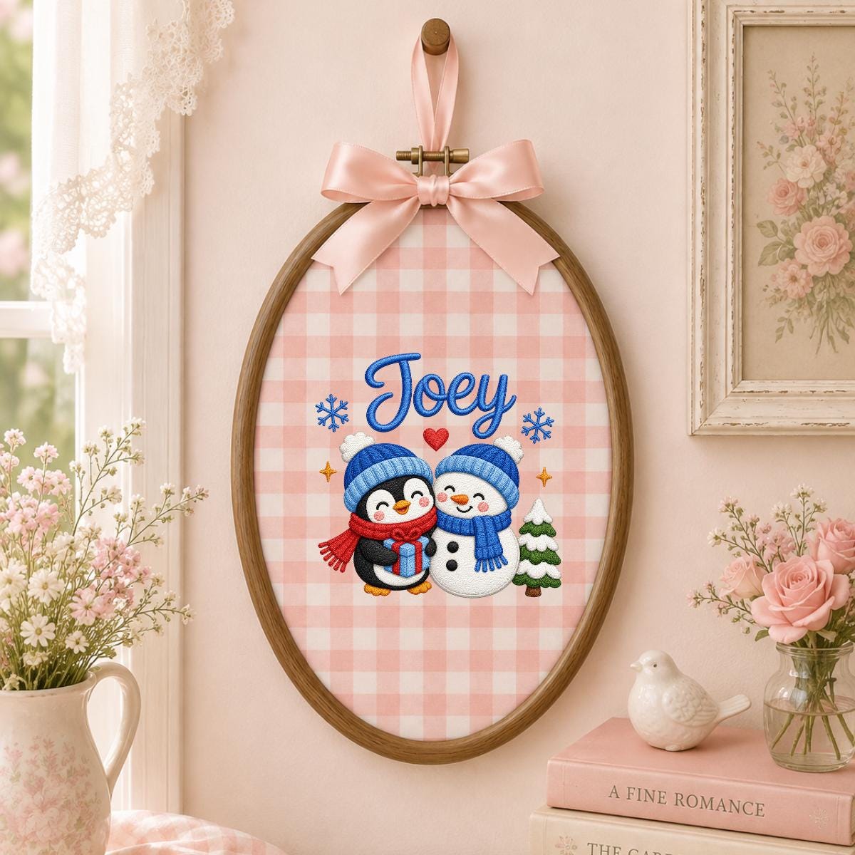 Custom Embroidered Oval Hoop Art, Penguin Snowman Christmas Nursery Wall Hanging