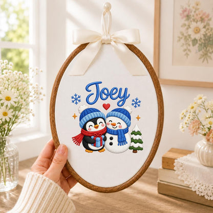 Custom Embroidered Oval Hoop Art, Penguin Snowman Christmas Nursery Wall Hanging