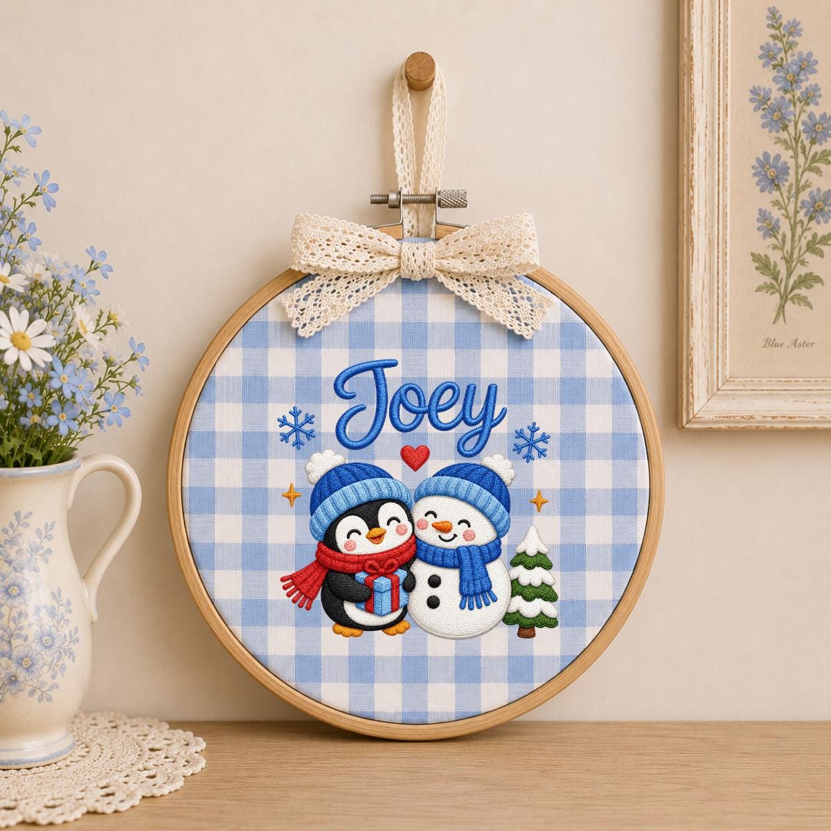 Custom Embroidered Oval Hoop Art, Penguin Snowman Christmas Nursery Wall Hanging