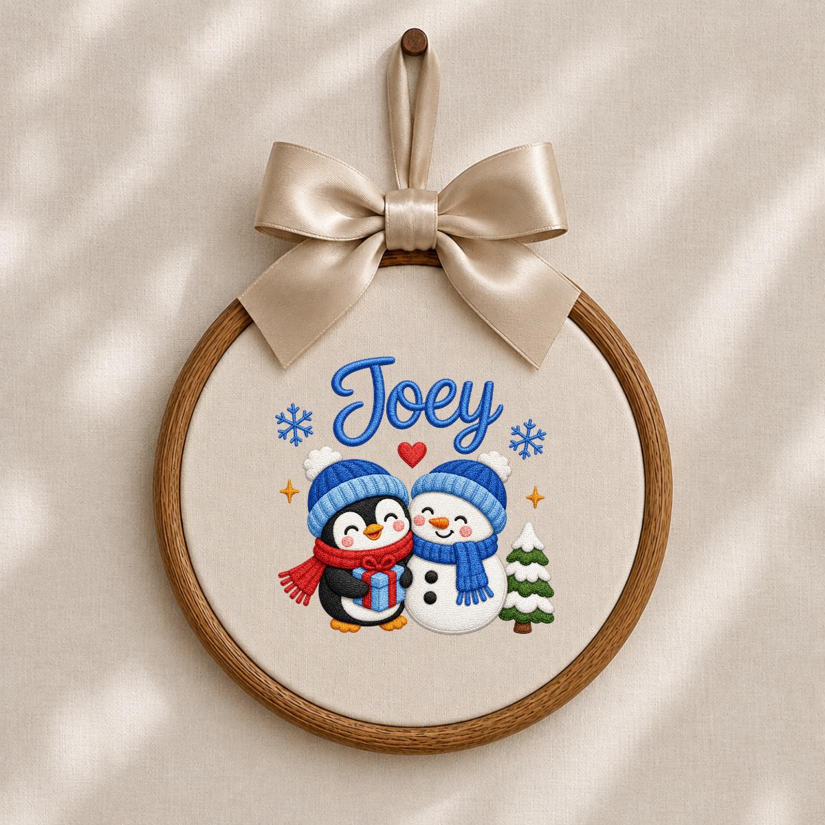 Custom Embroidered Oval Hoop Art, Penguin Snowman Christmas Nursery Wall Hanging