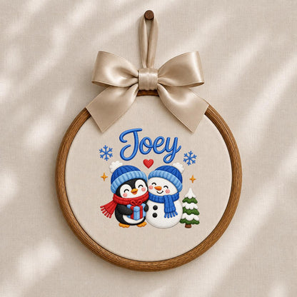 Custom Embroidered Oval Hoop Art, Penguin Snowman Christmas Nursery Wall Hanging