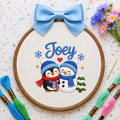 Custom Embroidered Oval Hoop Art, Penguin Snowman Christmas Nursery Wall Hanging