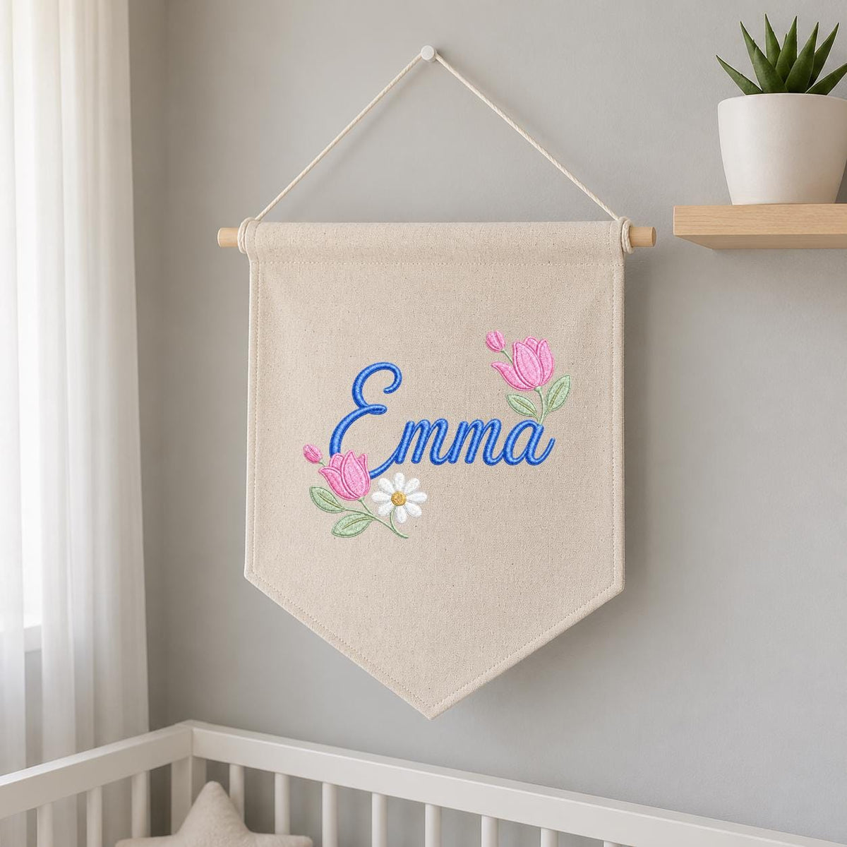 Personalized Floral Embroidered Name Banner, Custom Canvas Wall Hanging Sign