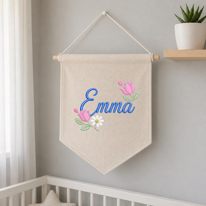 Personalized Floral Embroidered Name Banner, Custom Canvas Wall Hanging Sign