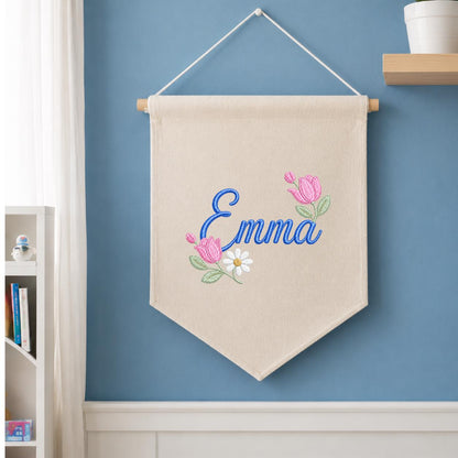 Personalized Floral Embroidered Name Banner, Custom Canvas Wall Hanging Sign