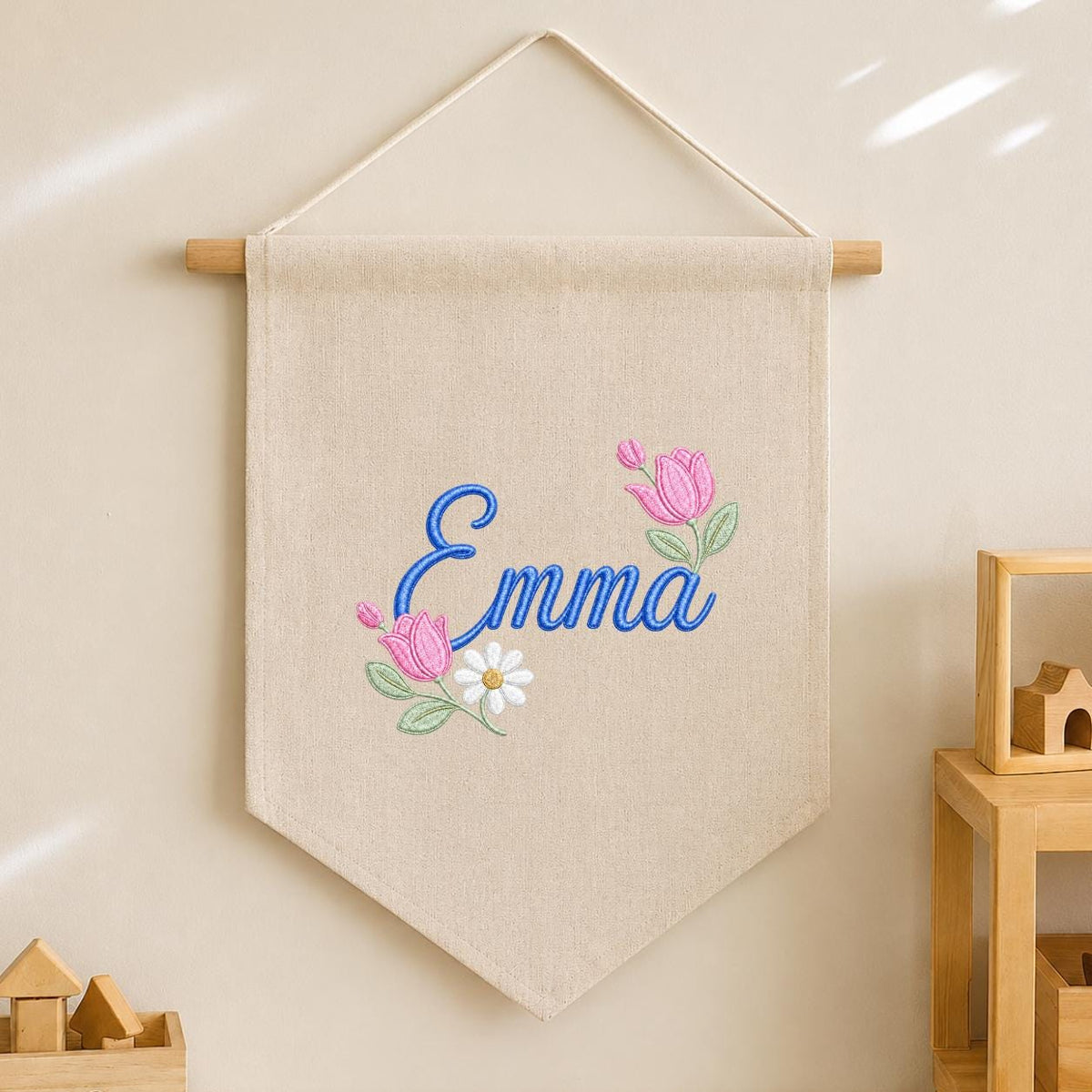 Personalized Floral Embroidered Name Banner, Custom Canvas Wall Hanging Sign