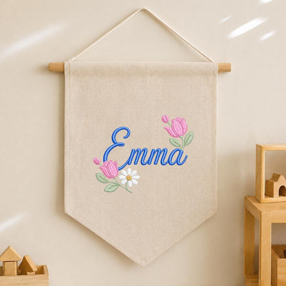 Personalized Floral Embroidered Name Banner, Custom Canvas Wall Hanging Sign