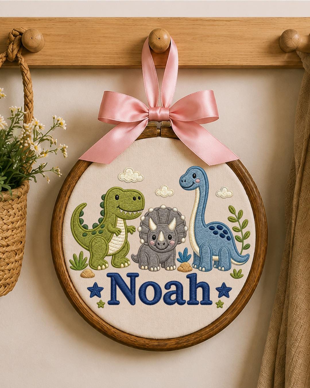 Personalized Embroidered Dinosaur Ornament, Custom Baby Name Hoop, Dino Nursery Wall Decor, Baby Boy Gift, Newborn Keepsake