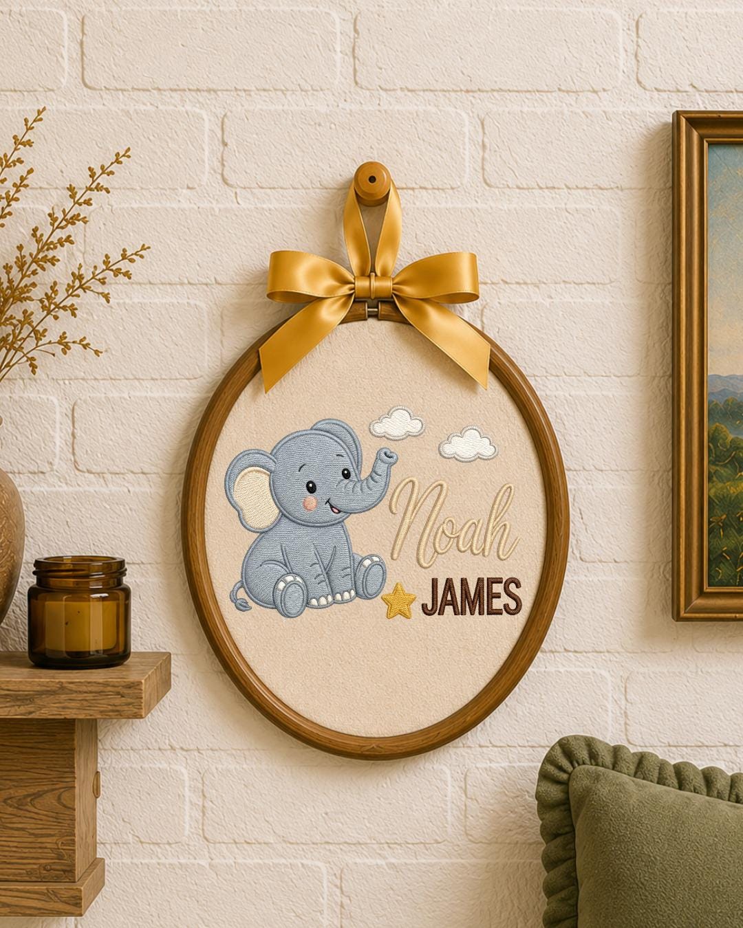Personalized Embroidered Elephant Ornament, Custom Baby Name Hoop, Safari Nursery Wall Decor, Baby Boy Gift, Newborn Keepsake