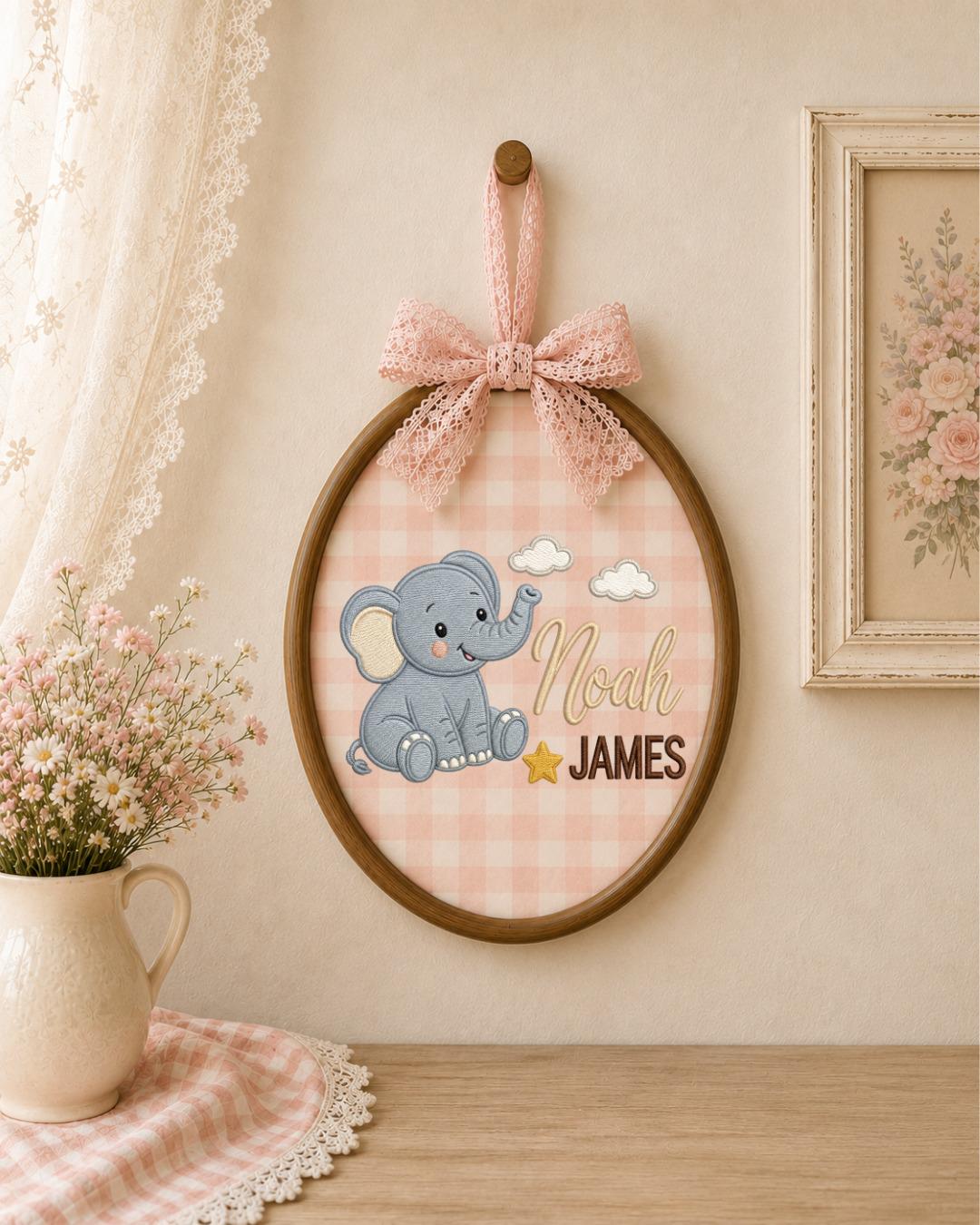 Personalized Embroidered Elephant Ornament, Custom Baby Name Hoop, Safari Nursery Wall Decor, Baby Boy Gift, Newborn Keepsake