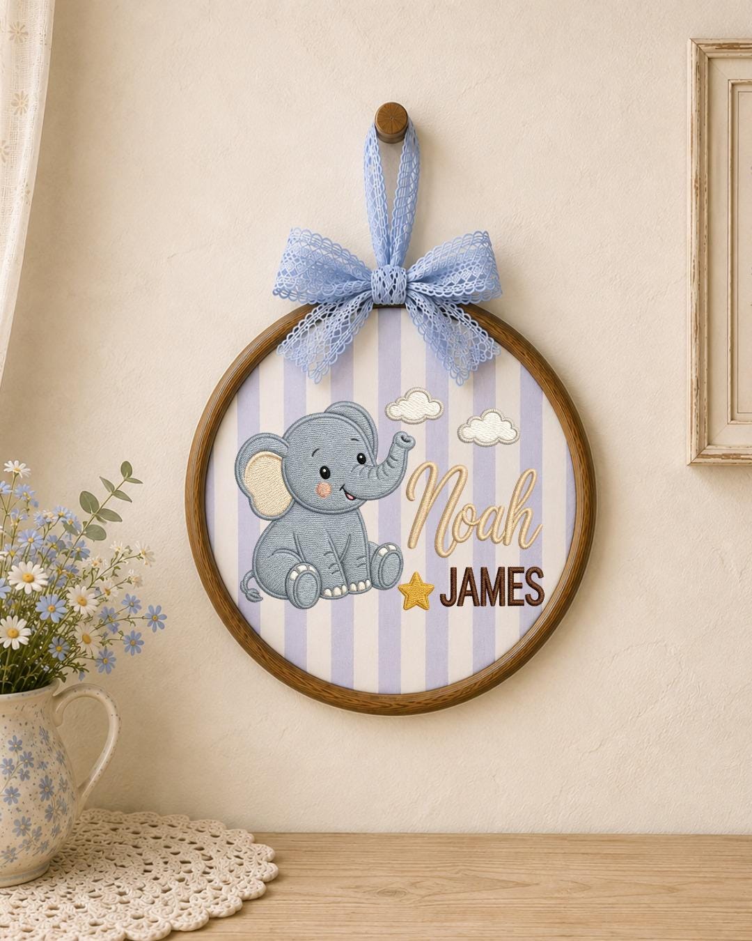 Personalized Embroidered Elephant Ornament, Custom Baby Name Hoop, Safari Nursery Wall Decor, Baby Boy Gift, Newborn Keepsake