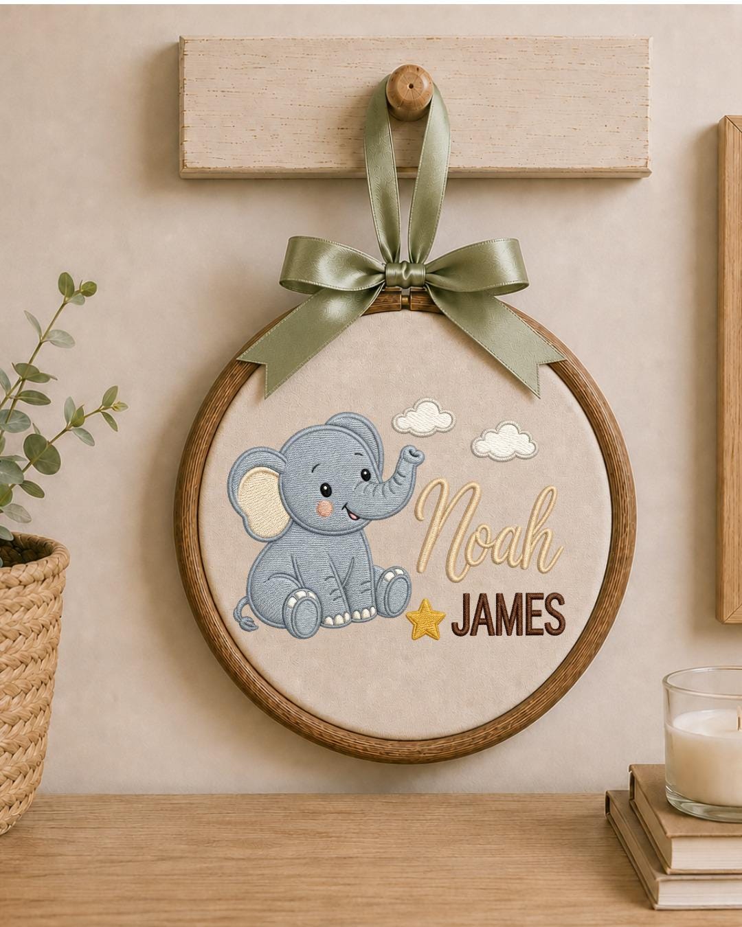 Personalized Embroidered Elephant Ornament, Custom Baby Name Hoop, Safari Nursery Wall Decor, Baby Boy Gift, Newborn Keepsake