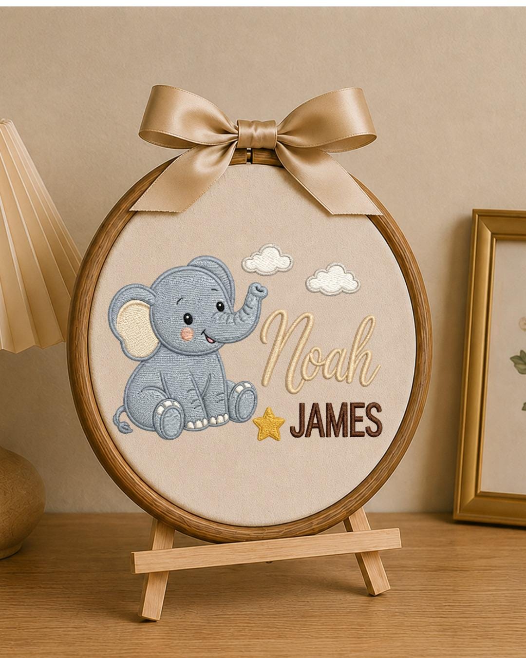 Personalized Embroidered Elephant Ornament, Custom Baby Name Hoop, Safari Nursery Wall Decor, Baby Boy Gift, Newborn Keepsake