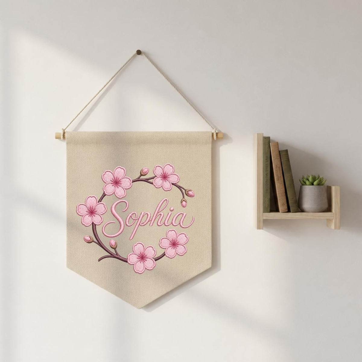Personalized Embroidered Cherry Blossom Banner, Custom Name Baby Girl Wall Hanging