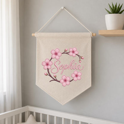 Personalized Embroidered Cherry Blossom Banner, Custom Name Baby Girl Wall Hanging
