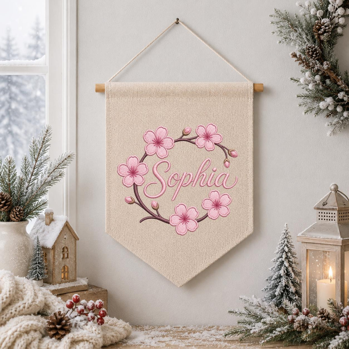 Personalized Embroidered Cherry Blossom Banner, Custom Name Baby Girl Wall Hanging