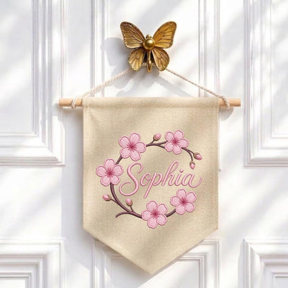 Personalized Embroidered Cherry Blossom Banner, Custom Name Baby Girl Wall Hanging