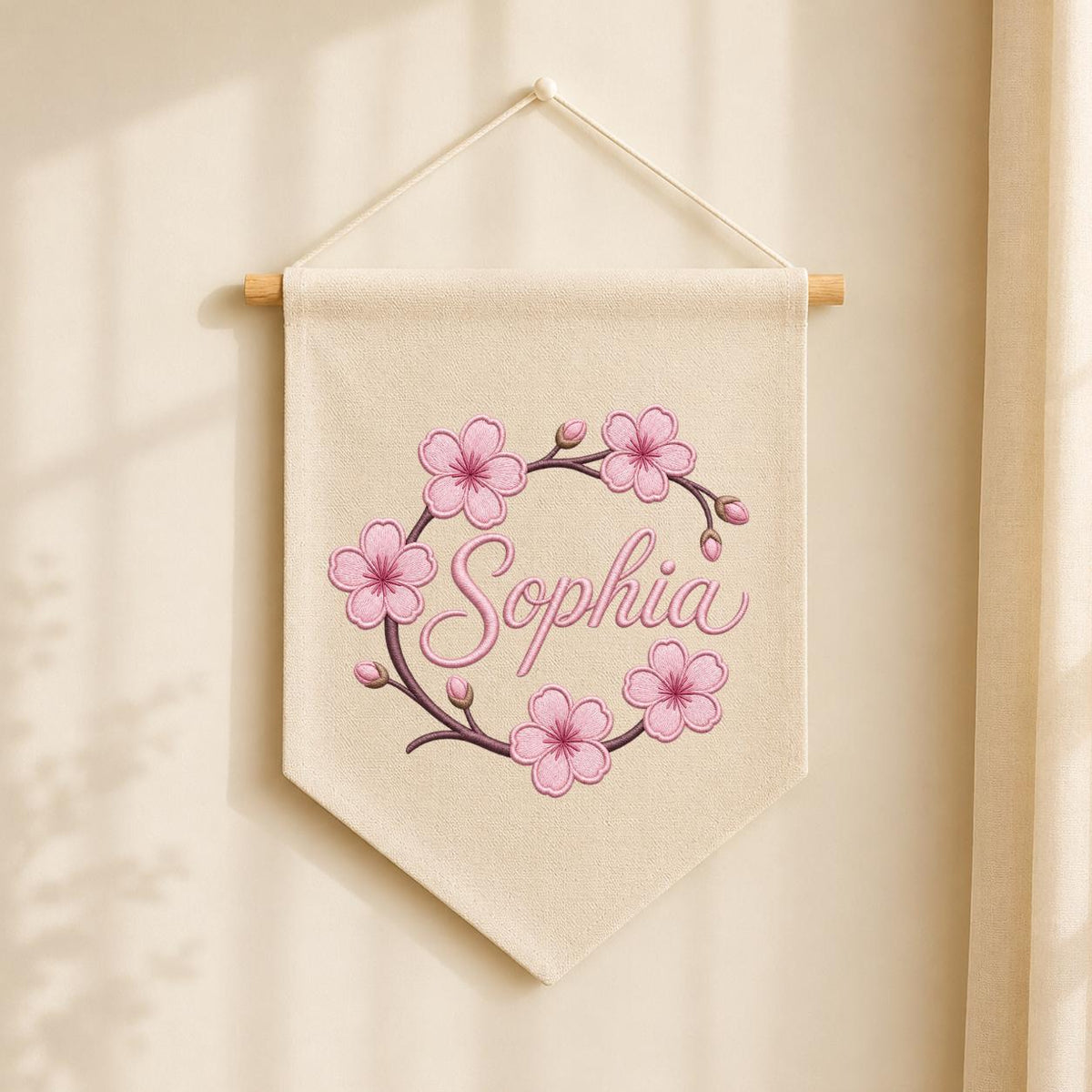 Personalized Embroidered Cherry Blossom Banner, Custom Name Baby Girl Wall Hanging