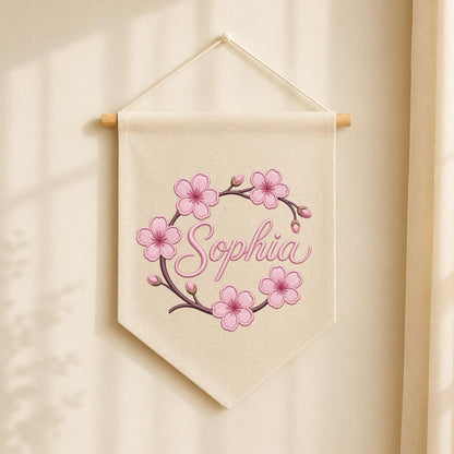 Personalized Embroidered Cherry Blossom Banner, Custom Name Baby Girl Wall Hanging