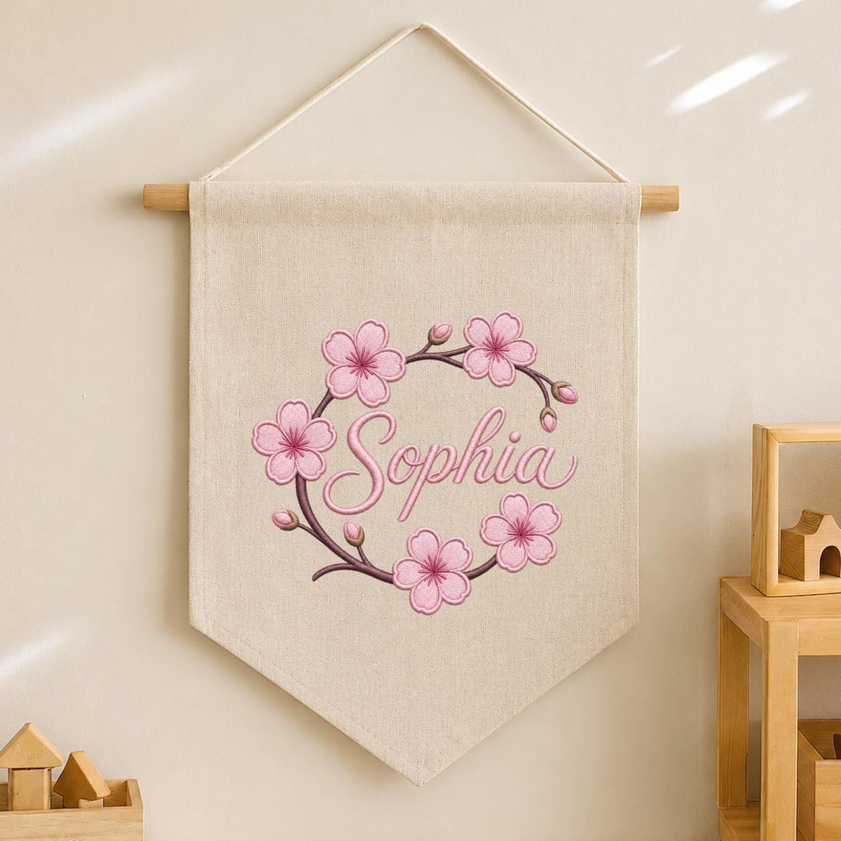 Personalized Embroidered Cherry Blossom Banner, Custom Name Baby Girl Wall Hanging