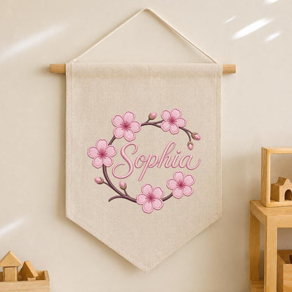 Personalized Embroidered Cherry Blossom Banner, Custom Name Baby Girl Wall Hanging