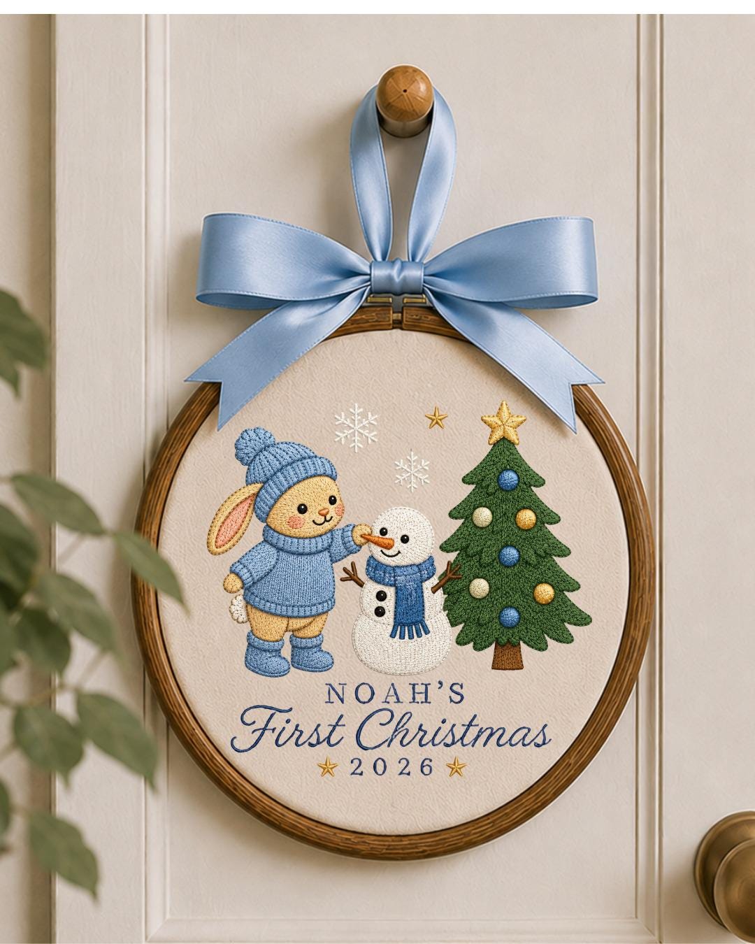 Personalized Embroidered First Christmas Ornament, Custom Baby Name Bunny Hoop, Baby Boy Christmas 2026 Keepsake, Holiday Nursery Decor