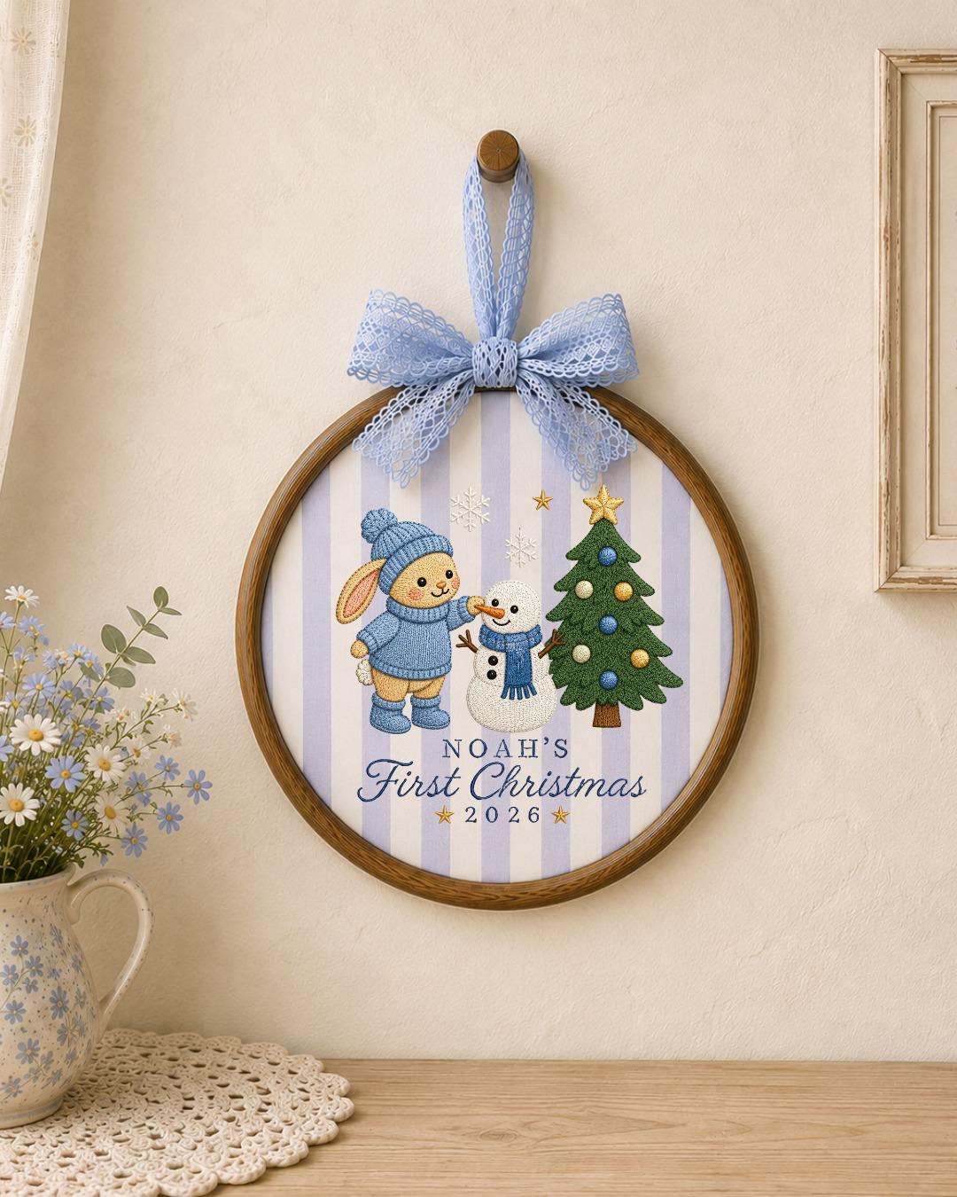 Personalized Embroidered First Christmas Ornament, Custom Baby Name Bunny Hoop, Baby Boy Christmas 2026 Keepsake, Holiday Nursery Decor