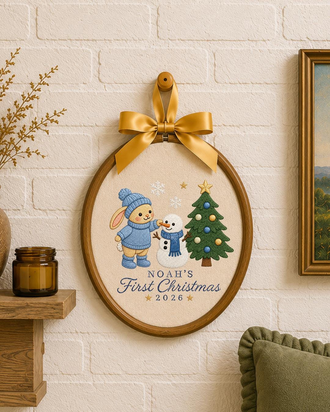 Personalized Embroidered First Christmas Ornament, Custom Baby Name Bunny Hoop, Baby Boy Christmas 2026 Keepsake, Holiday Nursery Decor
