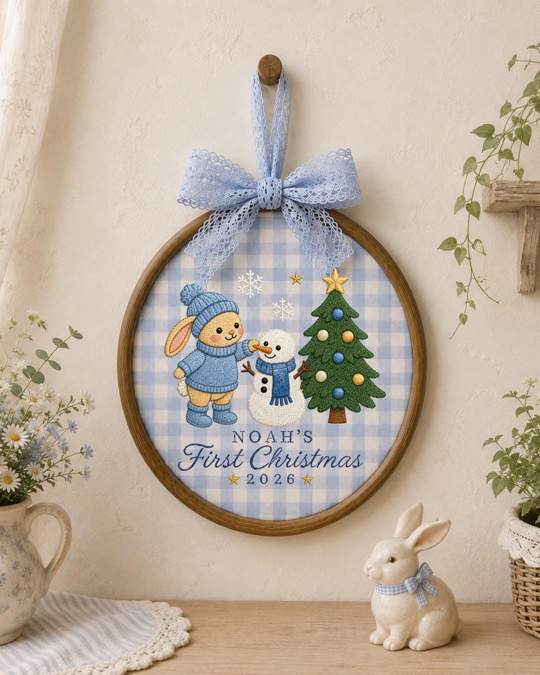 Personalized Embroidered First Christmas Ornament, Custom Baby Name Bunny Hoop, Baby Boy Christmas 2026 Keepsake, Holiday Nursery Decor