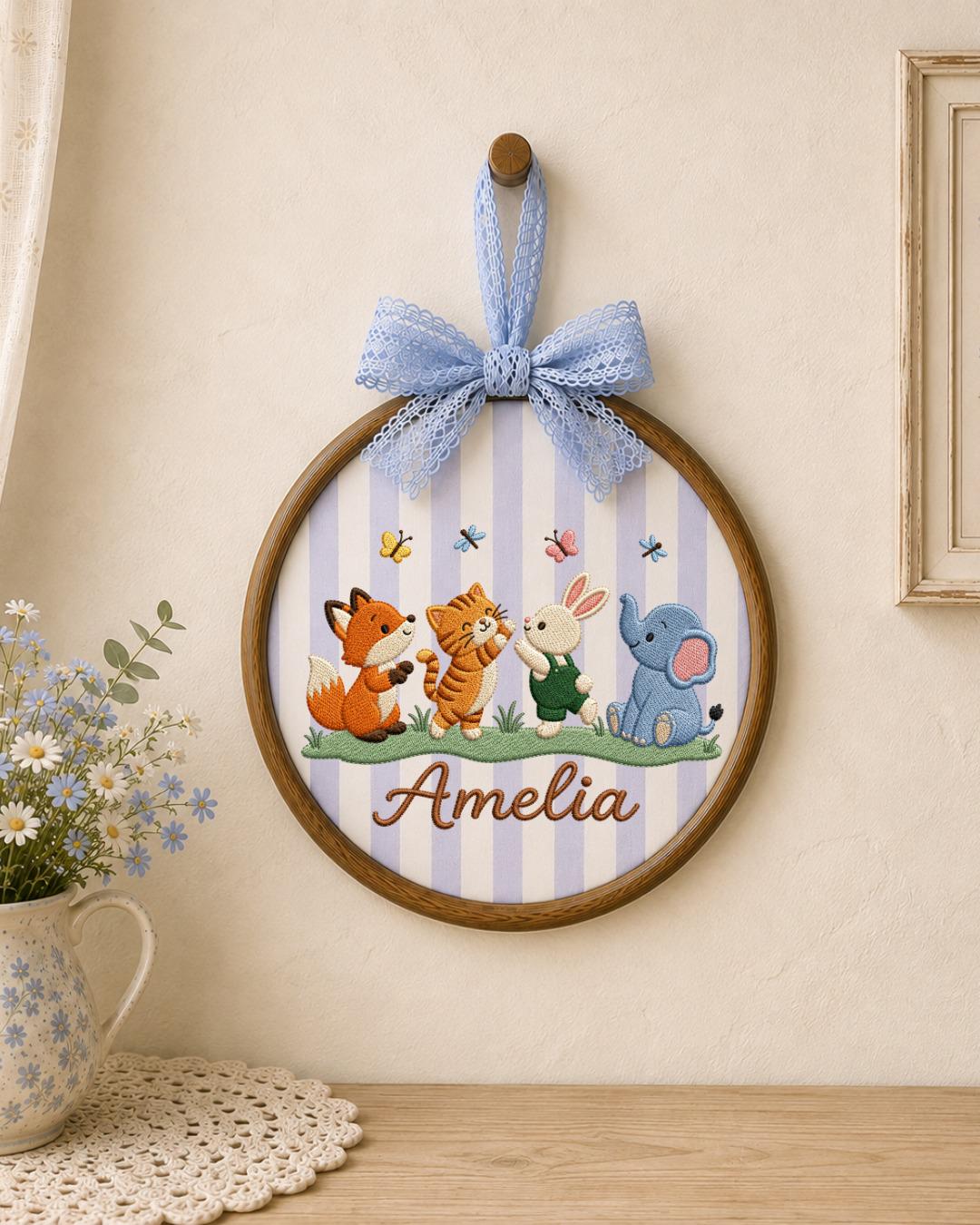 Personalized Embroidered Woodland Animal Ornament, Custom Baby Name Hoop, Fox Bunny Elephant Nursery Decor, Newborn Keepsake Gift