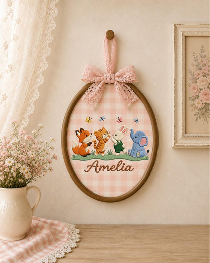 Personalized Embroidered Woodland Animal Ornament, Custom Baby Name Hoop, Fox Bunny Elephant Nursery Decor, Newborn Keepsake Gift