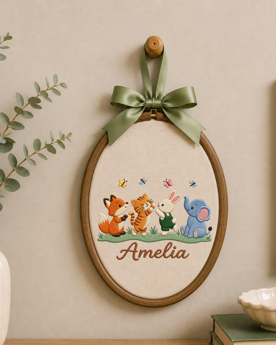 Personalized Embroidered Woodland Animal Ornament, Custom Baby Name Hoop, Fox Bunny Elephant Nursery Decor, Newborn Keepsake Gift