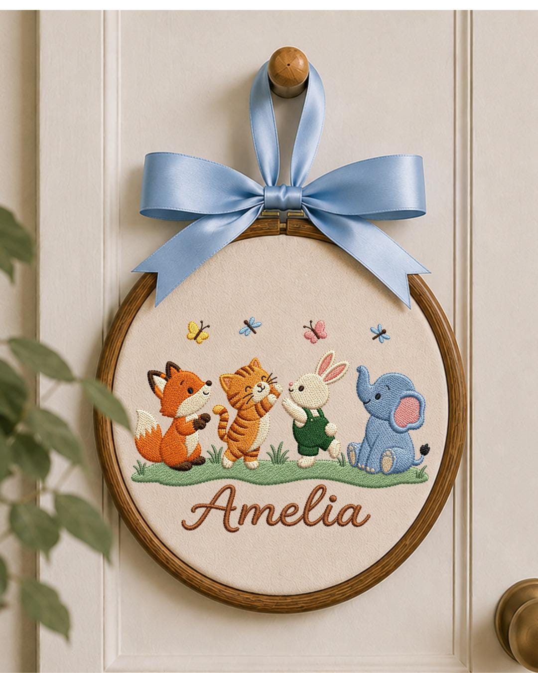 Personalized Embroidered Woodland Animal Ornament, Custom Baby Name Hoop, Fox Bunny Elephant Nursery Decor, Newborn Keepsake Gift