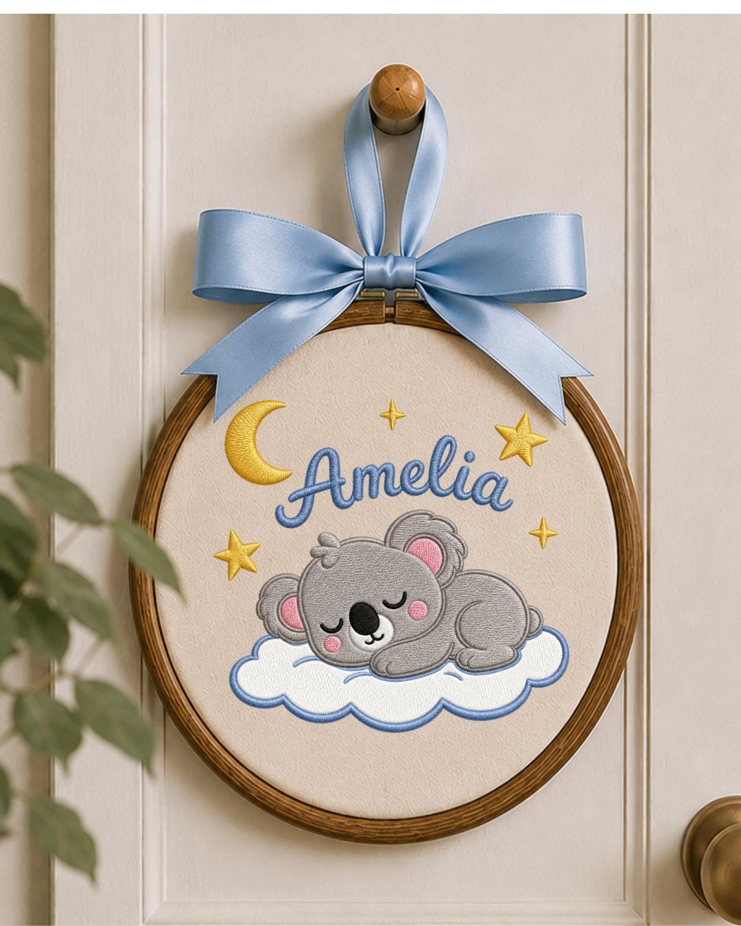 Personalized Embroidered Koala Ornament, Custom Baby Name Hoop, Sleeping Koala Nursery Decor, Moon and Stars Baby Gift, Newborn Keepsake