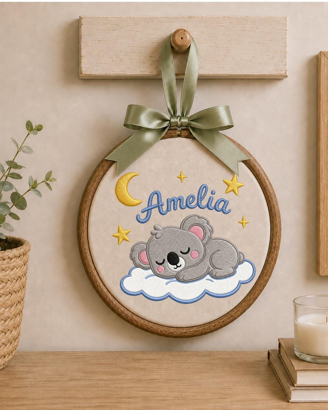 Personalized Embroidered Koala Ornament, Custom Baby Name Hoop, Sleeping Koala Nursery Decor, Moon and Stars Baby Gift, Newborn Keepsake
