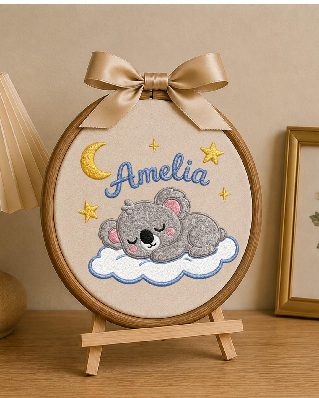 Personalized Embroidered Koala Ornament, Custom Baby Name Hoop, Sleeping Koala Nursery Decor, Moon and Stars Baby Gift, Newborn Keepsake