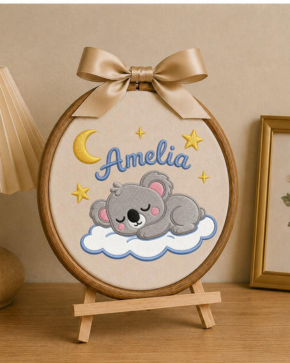 Personalized Embroidered Koala Ornament, Custom Baby Name Hoop, Sleeping Koala Nursery Decor, Moon and Stars Baby Gift, Newborn Keepsake