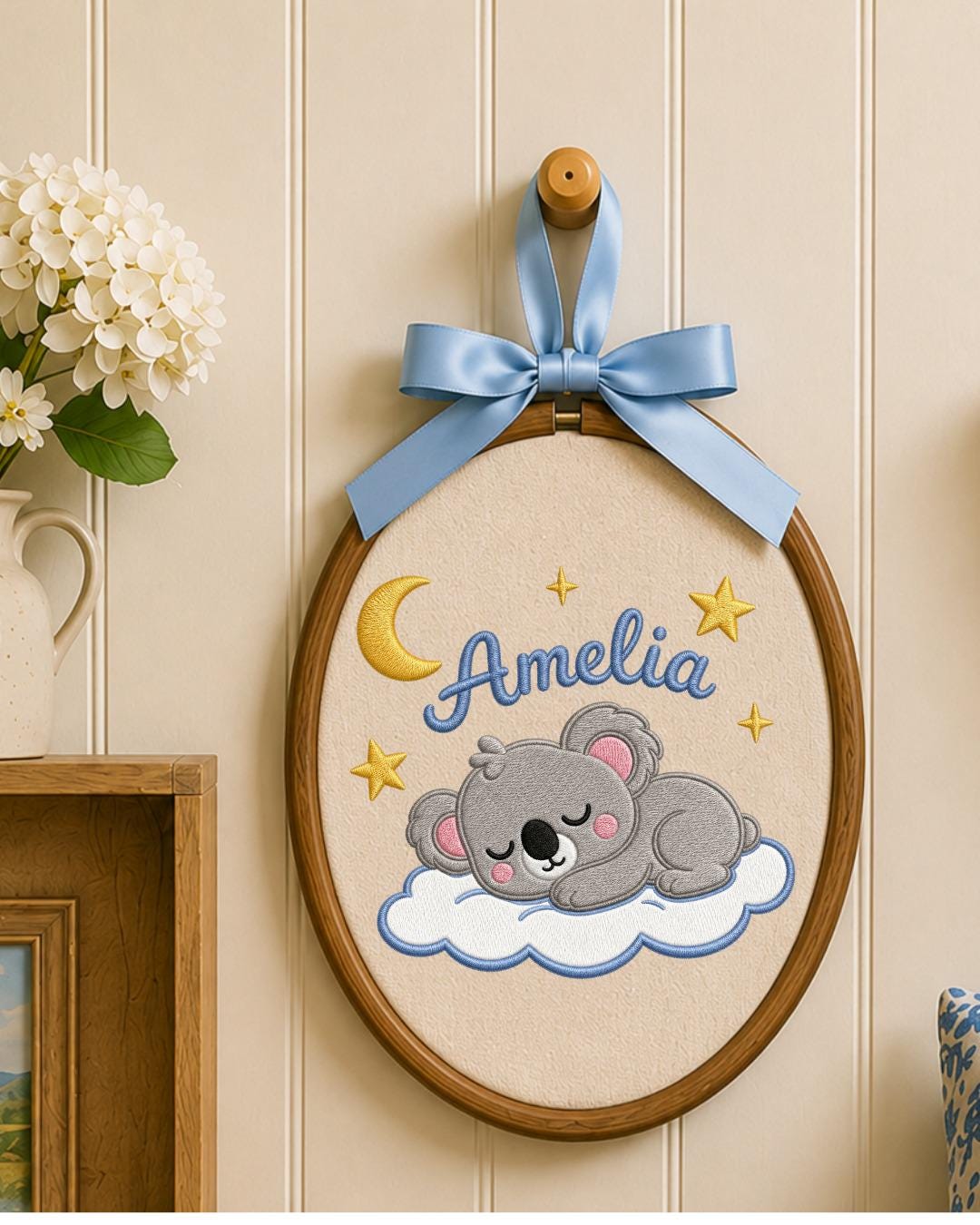 Personalized Embroidered Koala Ornament, Custom Baby Name Hoop, Sleeping Koala Nursery Decor, Moon and Stars Baby Gift, Newborn Keepsake