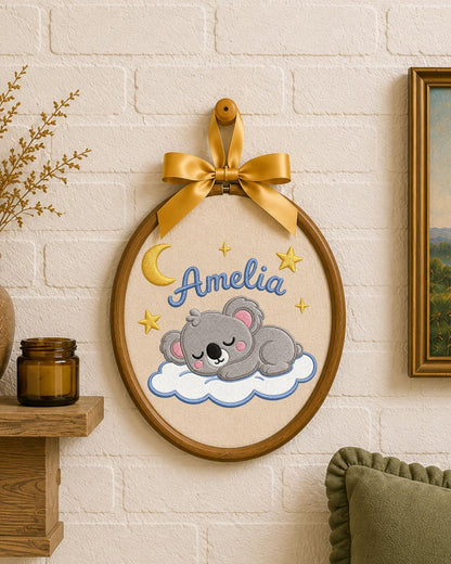 Personalized Embroidered Koala Ornament, Custom Baby Name Hoop, Sleeping Koala Nursery Decor, Moon and Stars Baby Gift, Newborn Keepsake