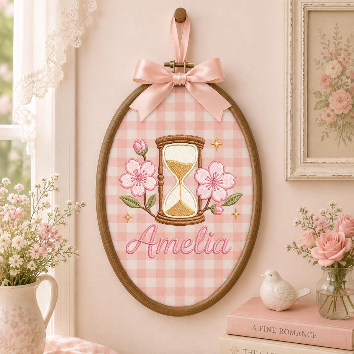 Personalized Oval Embroidery Hoop Art, Cherry Blossom Hourglass Name Sign