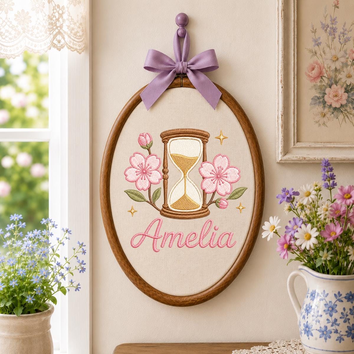 Personalized Oval Embroidery Hoop Art, Cherry Blossom Hourglass Name Sign