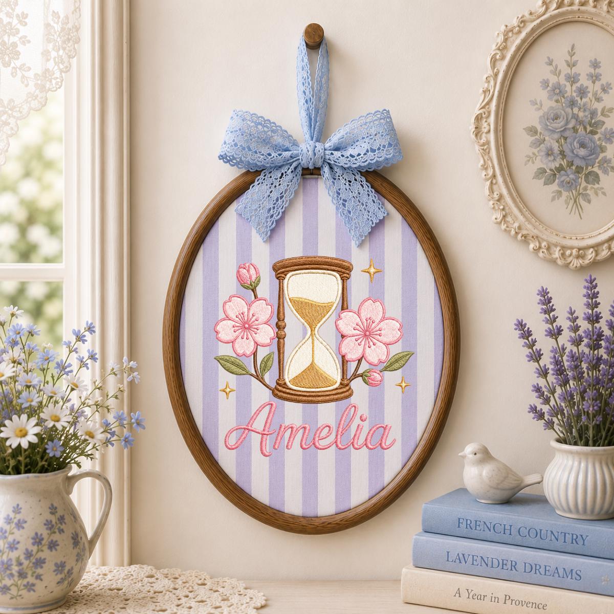 Personalized Oval Embroidery Hoop Art, Cherry Blossom Hourglass Name Sign