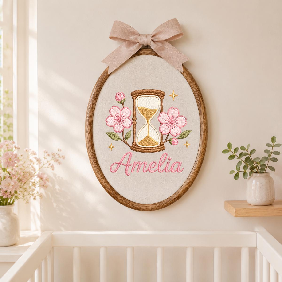 Personalized Oval Embroidery Hoop Art, Cherry Blossom Hourglass Name Sign