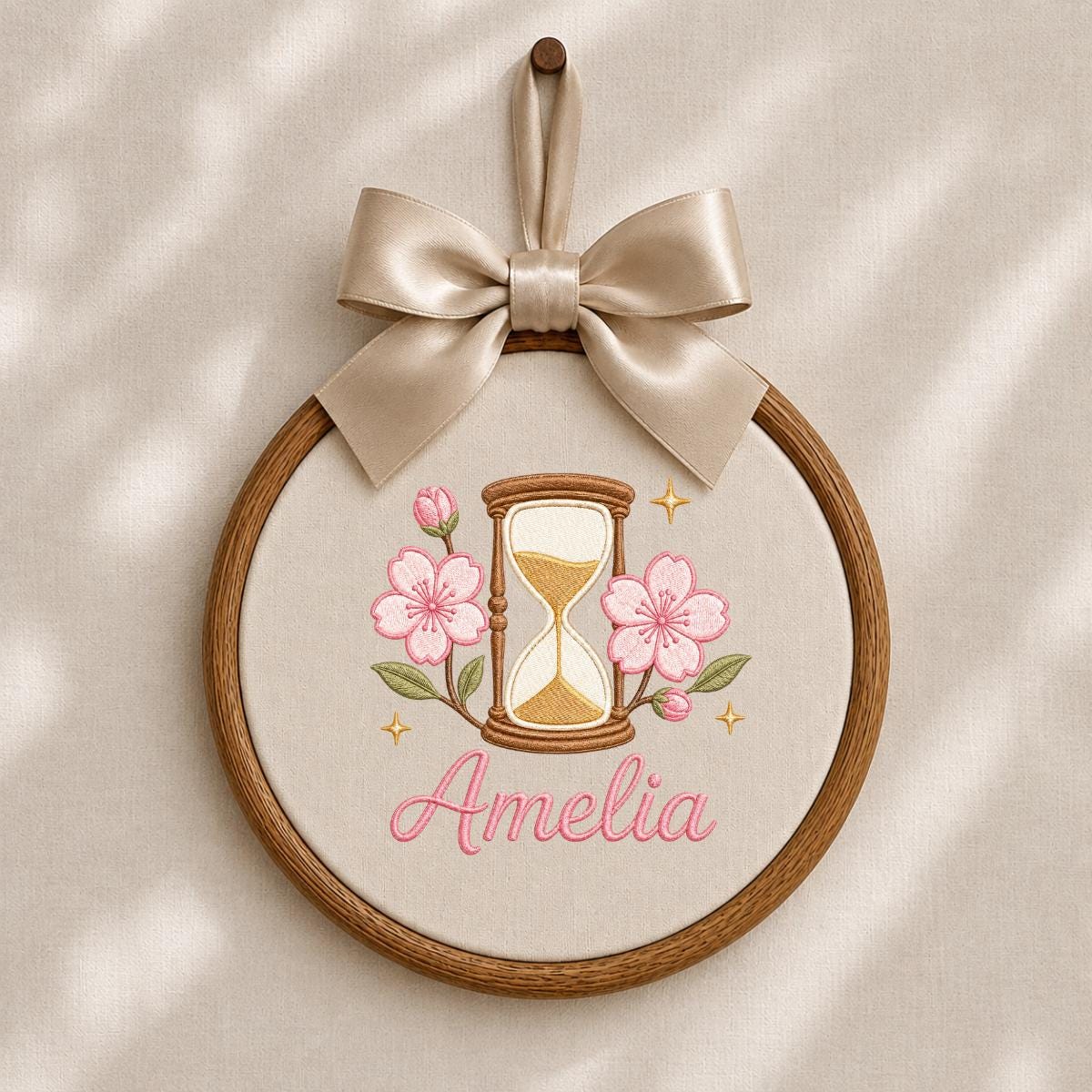 Personalized Oval Embroidery Hoop Art, Cherry Blossom Hourglass Name Sign