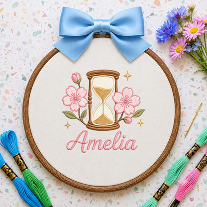 Personalized Oval Embroidery Hoop Art, Cherry Blossom Hourglass Name Sign