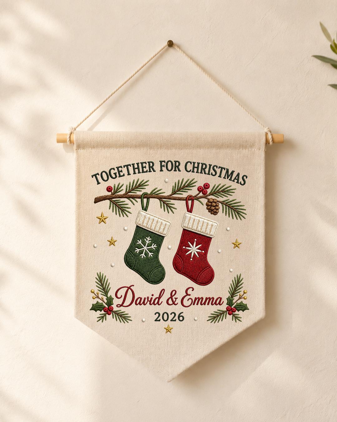 Personalized Christmas Couple Wall Hanging, Custom Names Embroidered Stocking Banner, First Christmas Together Decor, Holiday Keepsake Gift