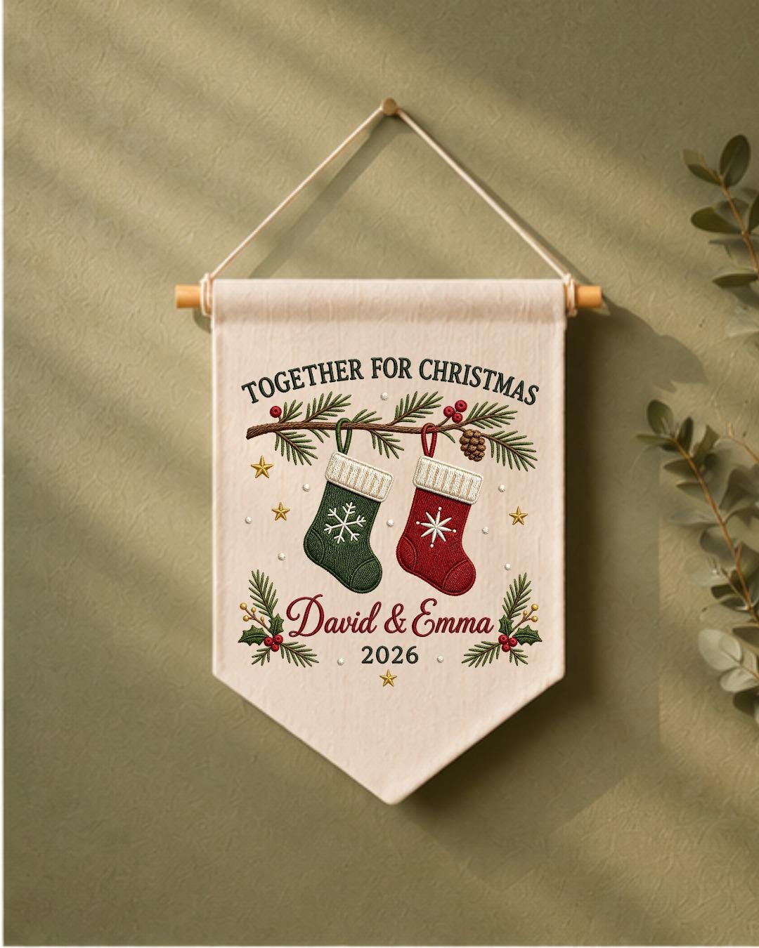 Personalized Christmas Couple Wall Hanging, Custom Names Embroidered Stocking Banner, First Christmas Together Decor, Holiday Keepsake Gift