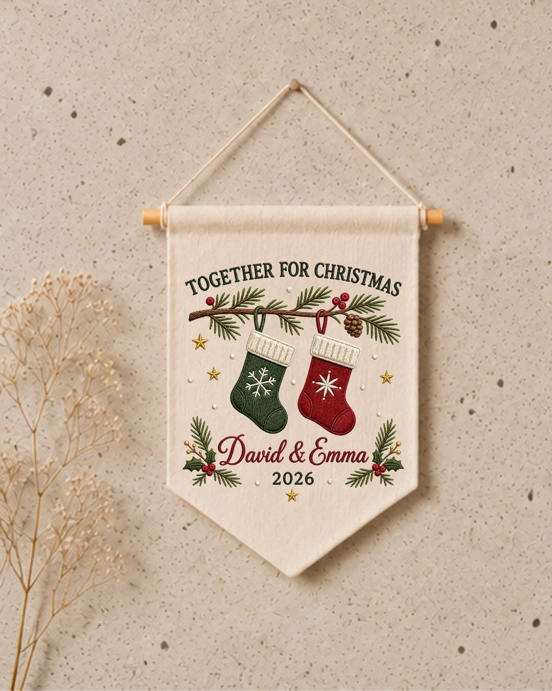 Personalized Christmas Couple Wall Hanging, Custom Names Embroidered Stocking Banner, First Christmas Together Decor, Holiday Keepsake Gift